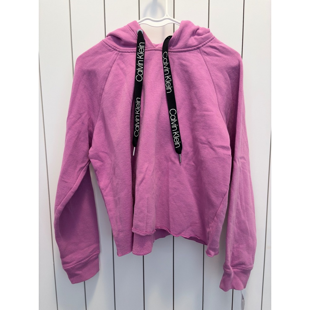 Calvin Klein Hoodie Womens Pink Logo Drawstring Cropped Athleisure Streetwear